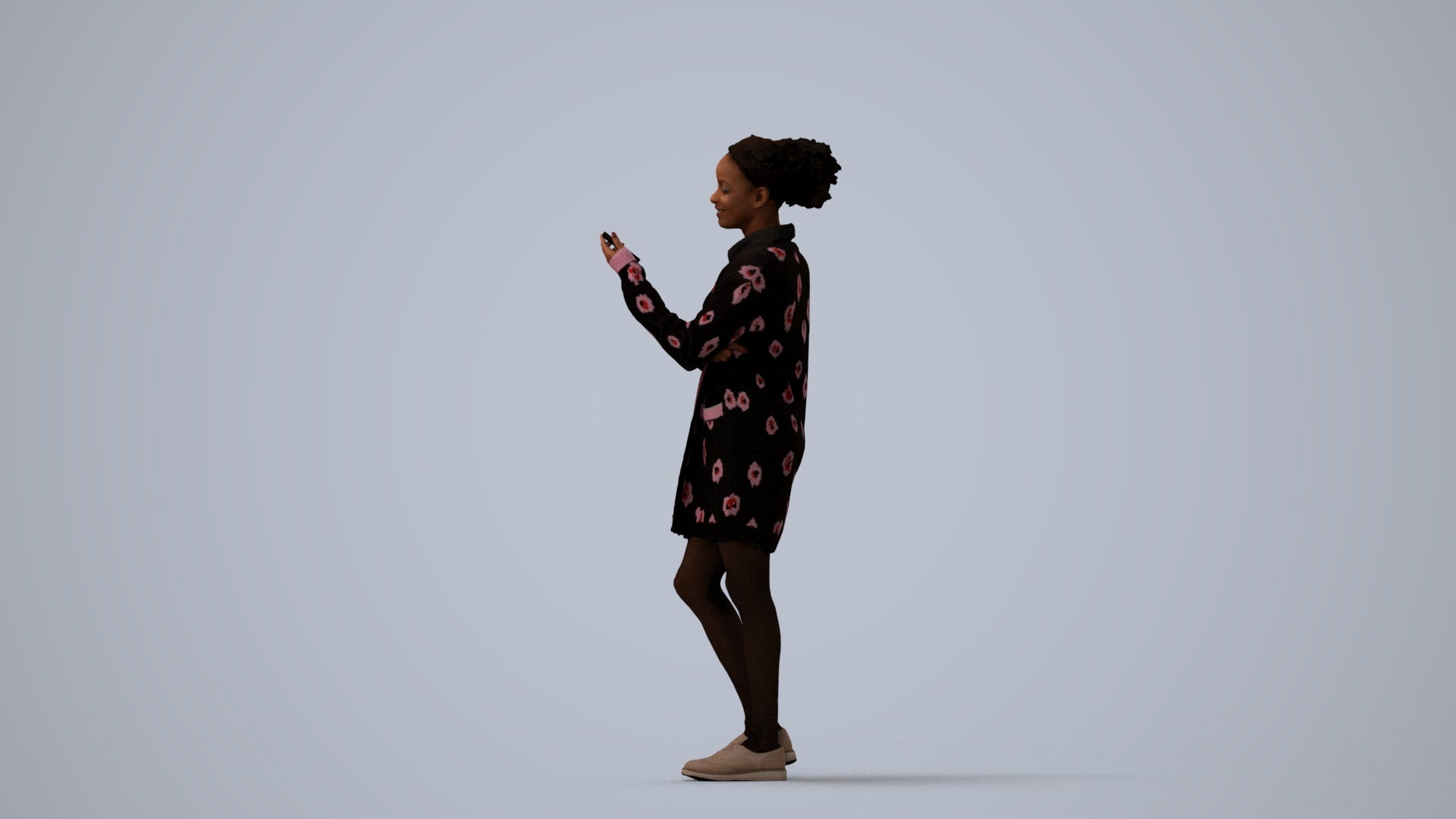 realistic 3D woman casual standing, scanned archviz people for Blender and 3ds Max, three-quarter view render