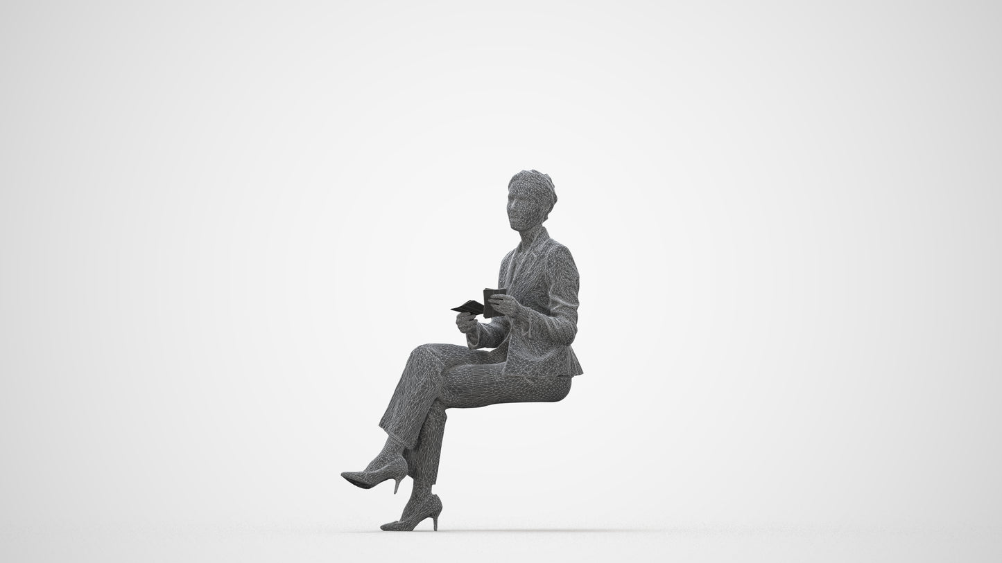 scanned 3D woman business sitting, photogrammetry people for Enscape and V-Ray, top-down view render