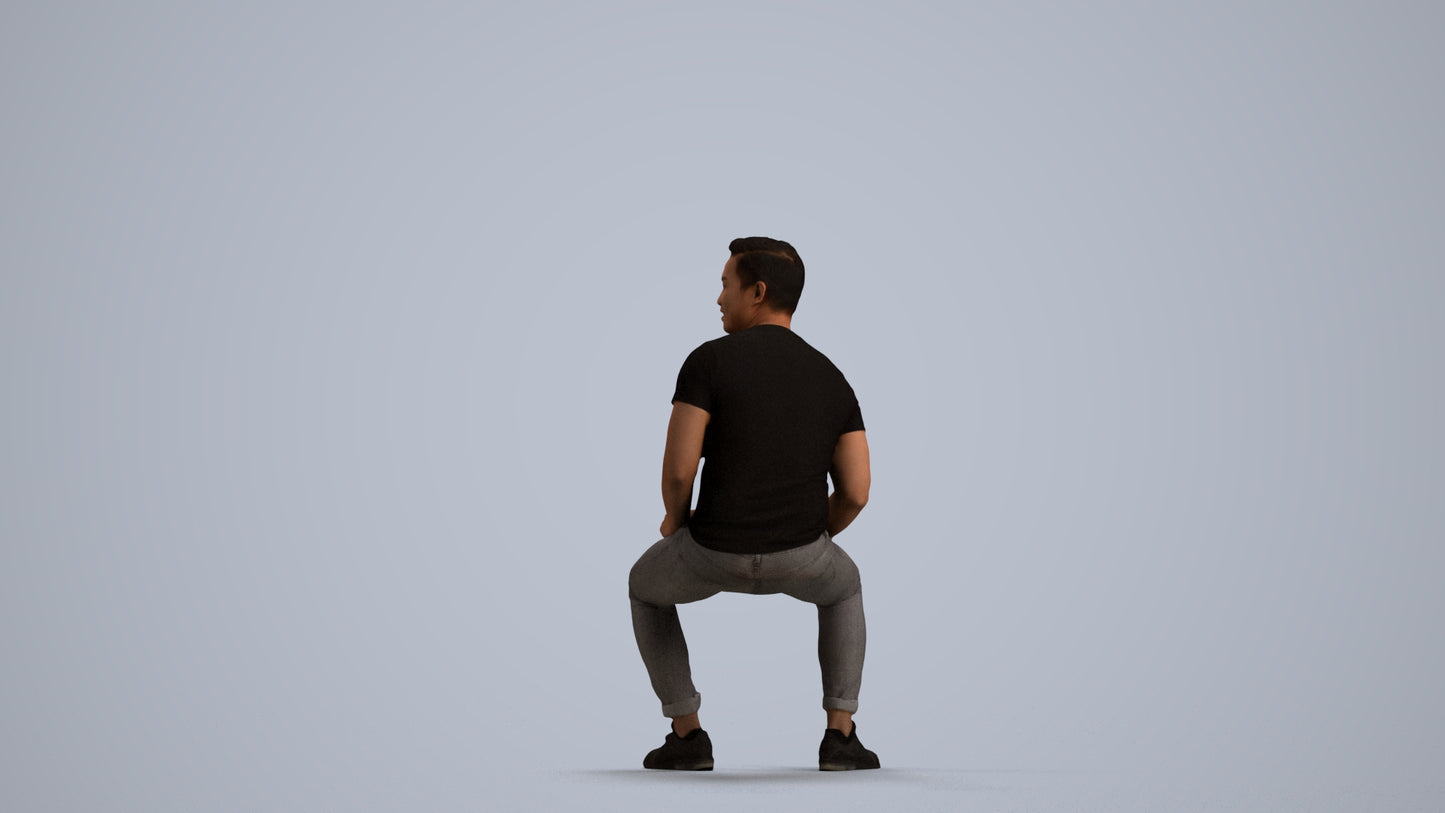 realistic 3D man casual sitting, scanned archviz people for Blender and 3ds Max, front view render