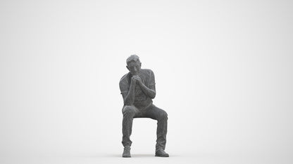 realistic 3D senior man casual sitting, scanned archviz people for Blender and 3ds Max, three-quarter front view render