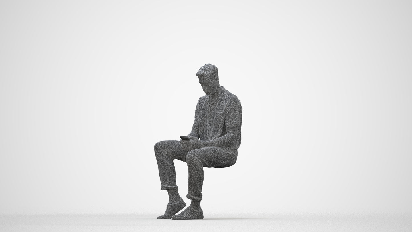 realistic 3D human man casual sitting, archviz people FBX OBJ for Blender, wireframe back view