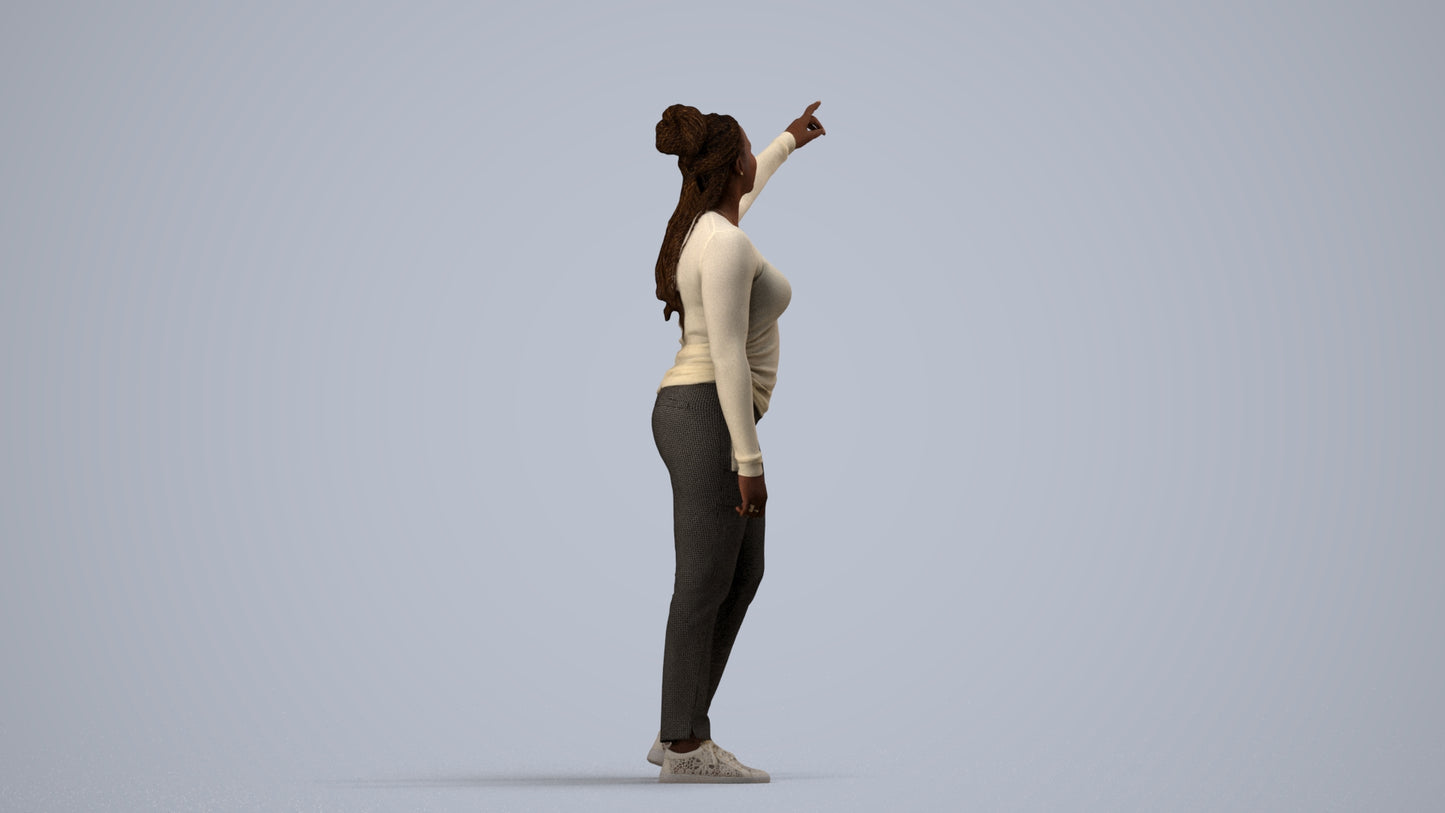 3D scanned woman standing casual, photorealistic archviz people for Enscape and SketchUp, side view render
