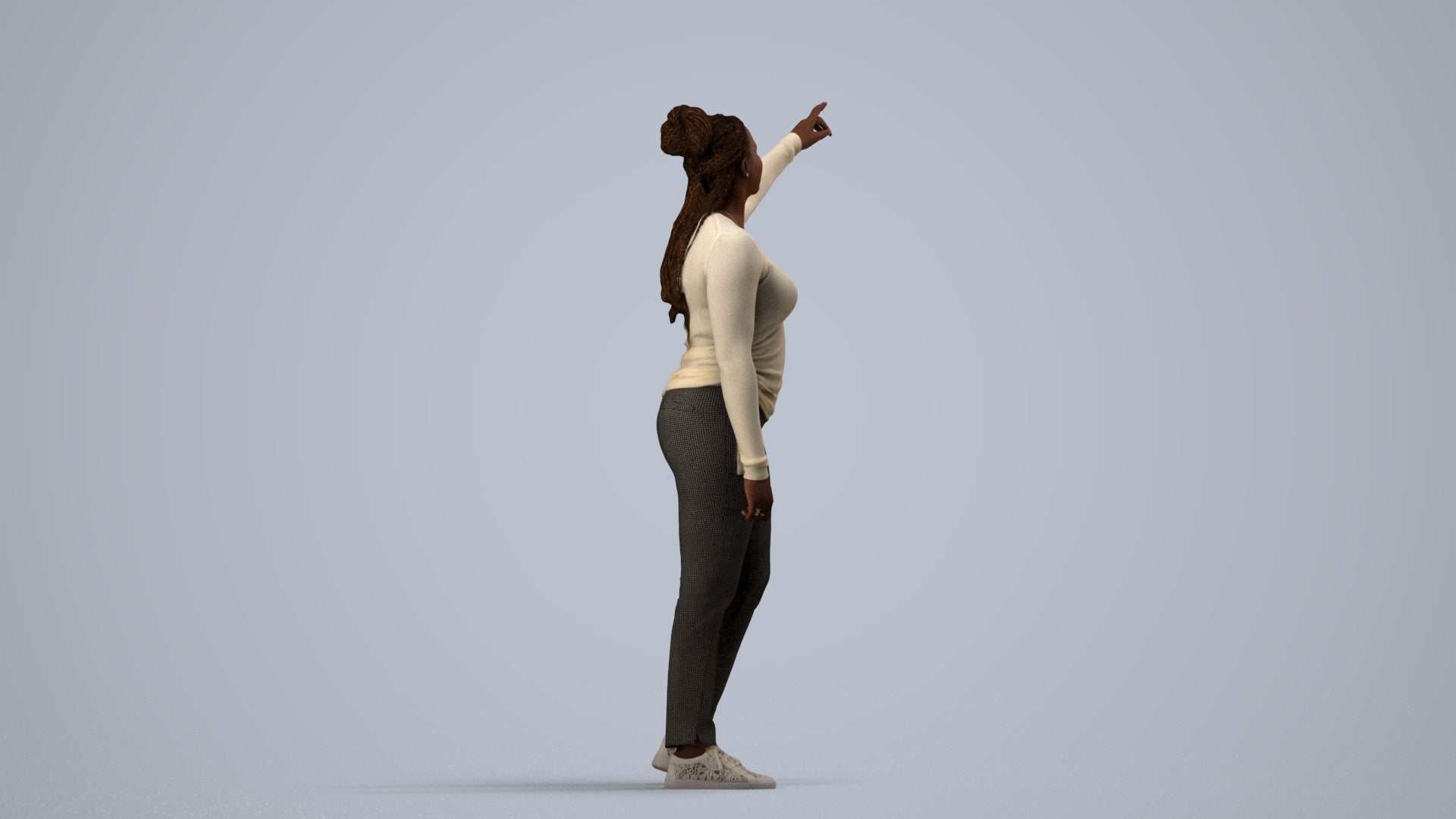 3D scanned woman standing casual, photorealistic archviz people for Enscape and SketchUp, side view render