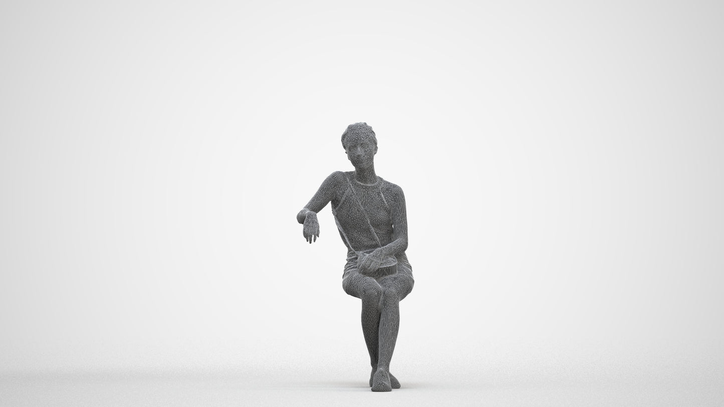 photogrammetry 3D woman casual sitting, realistic human model archviz FBX, three-quarter front view render