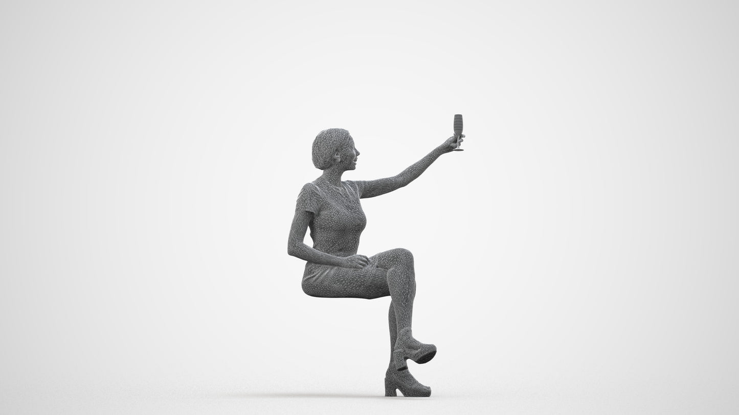 realistic 3D woman sitting, scanned archviz people for Blender and 3ds Max, wireframe side view