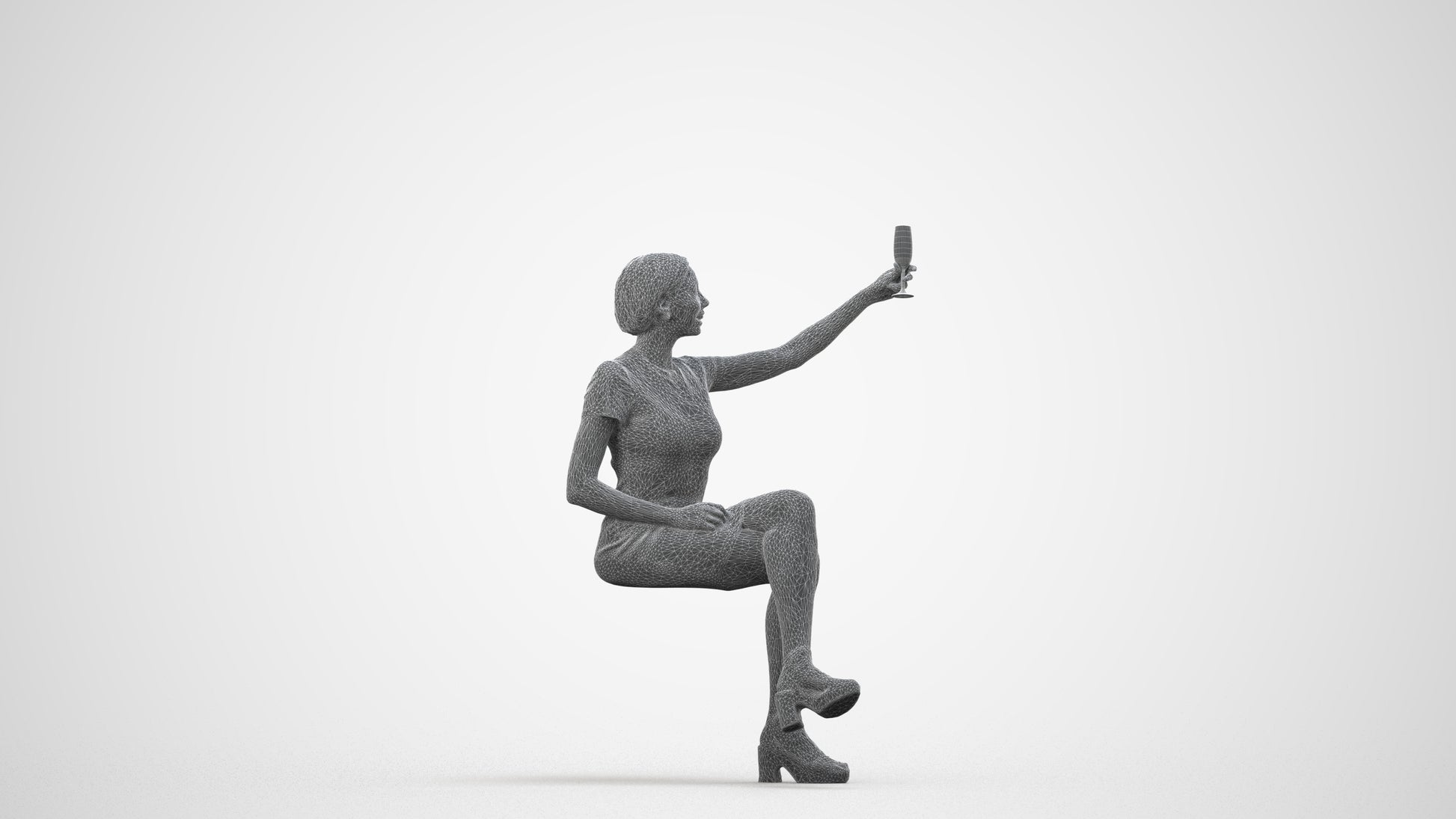 realistic 3D woman sitting, scanned archviz people for Blender and 3ds Max, wireframe side view