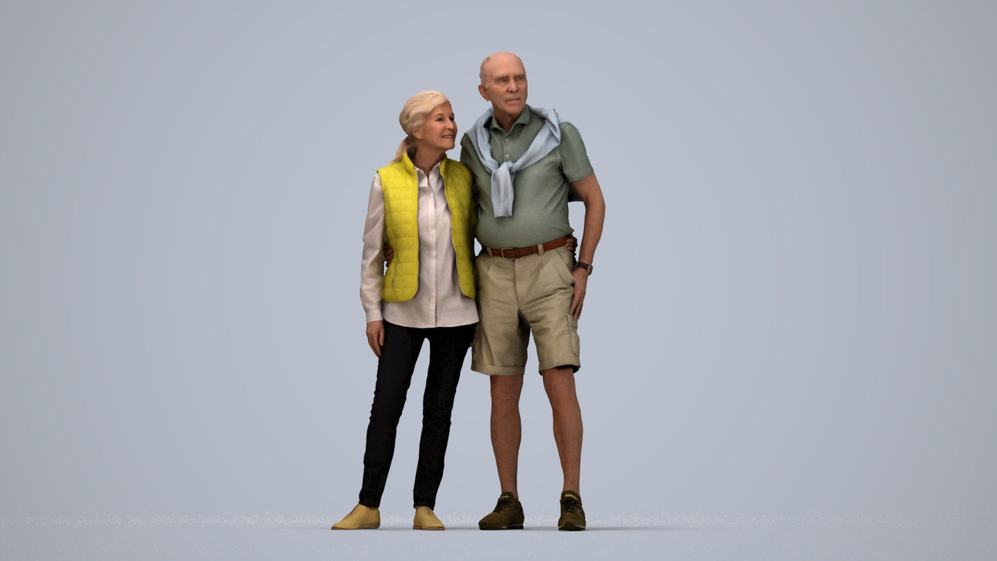 3D scanned senior woman couple casual, photorealistic archviz people for Enscape and SketchUp, top-down view render