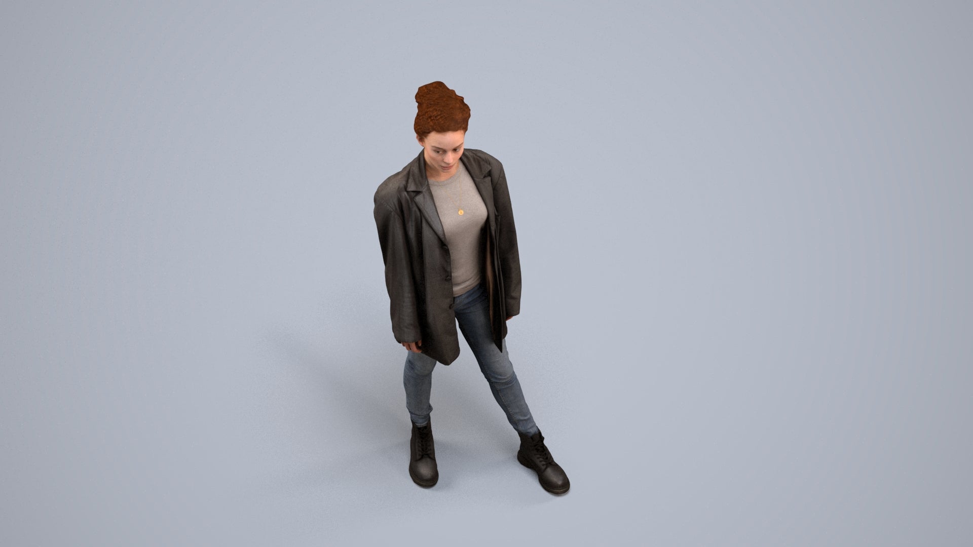 3D human model woman casual mix, photogrammetry scanned person for archviz, back view render