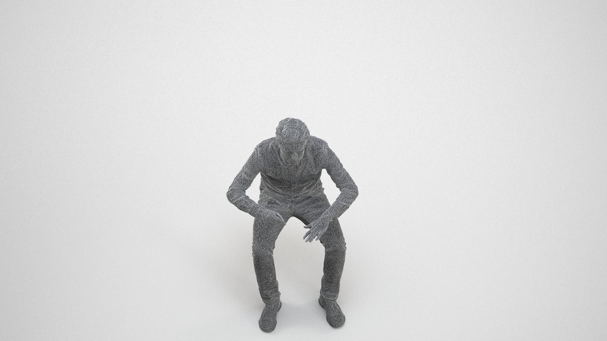 3D people model man casual sitting, scanned human for 3ds Max rendering, wireframe three-quarter view