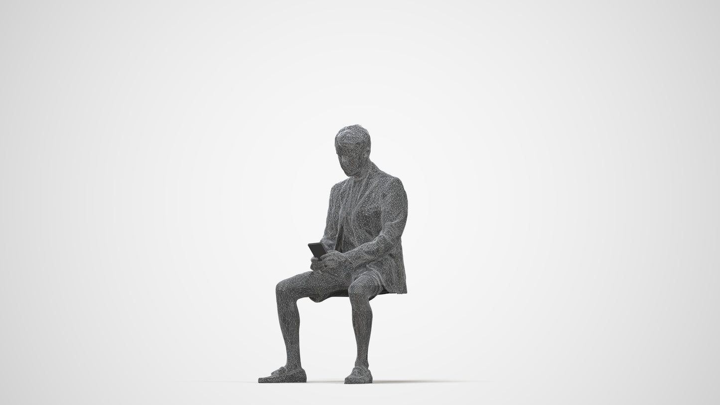 3D scanned man sitting business, photorealistic archviz people for Enscape and SketchUp, wireframe back view