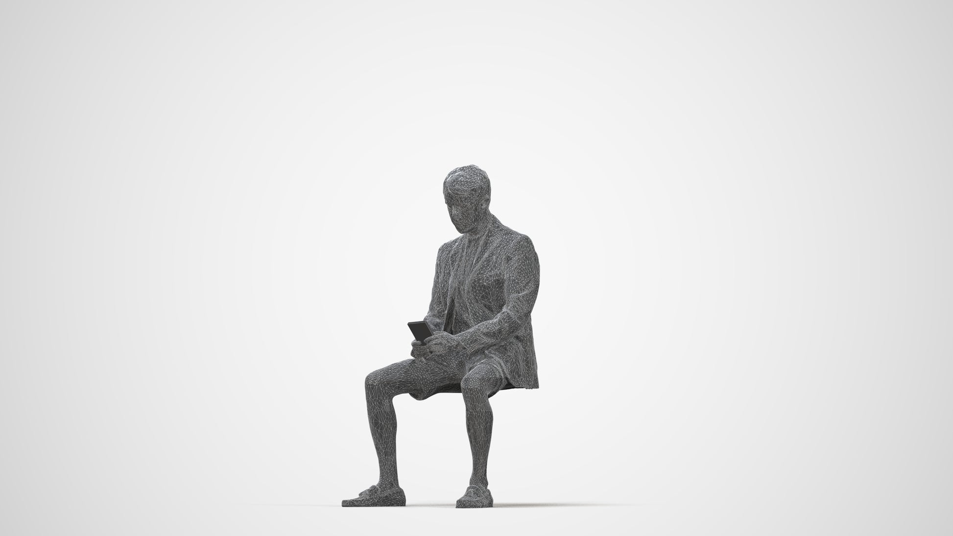 3D scanned man sitting business, photorealistic archviz people for Enscape and SketchUp, wireframe back view