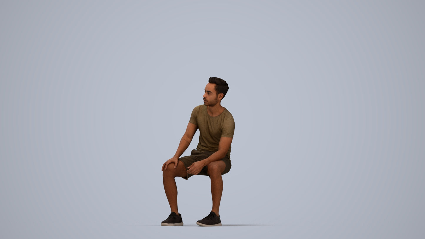 realistic 3D human man casual sitting, archviz people FBX OBJ for Blender, top-down view render