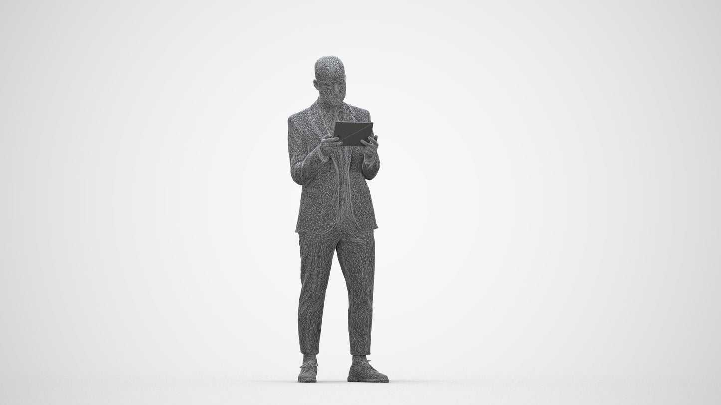 realistic 3D man business standing, scanned archviz people for Blender and 3ds Max, wireframe back view