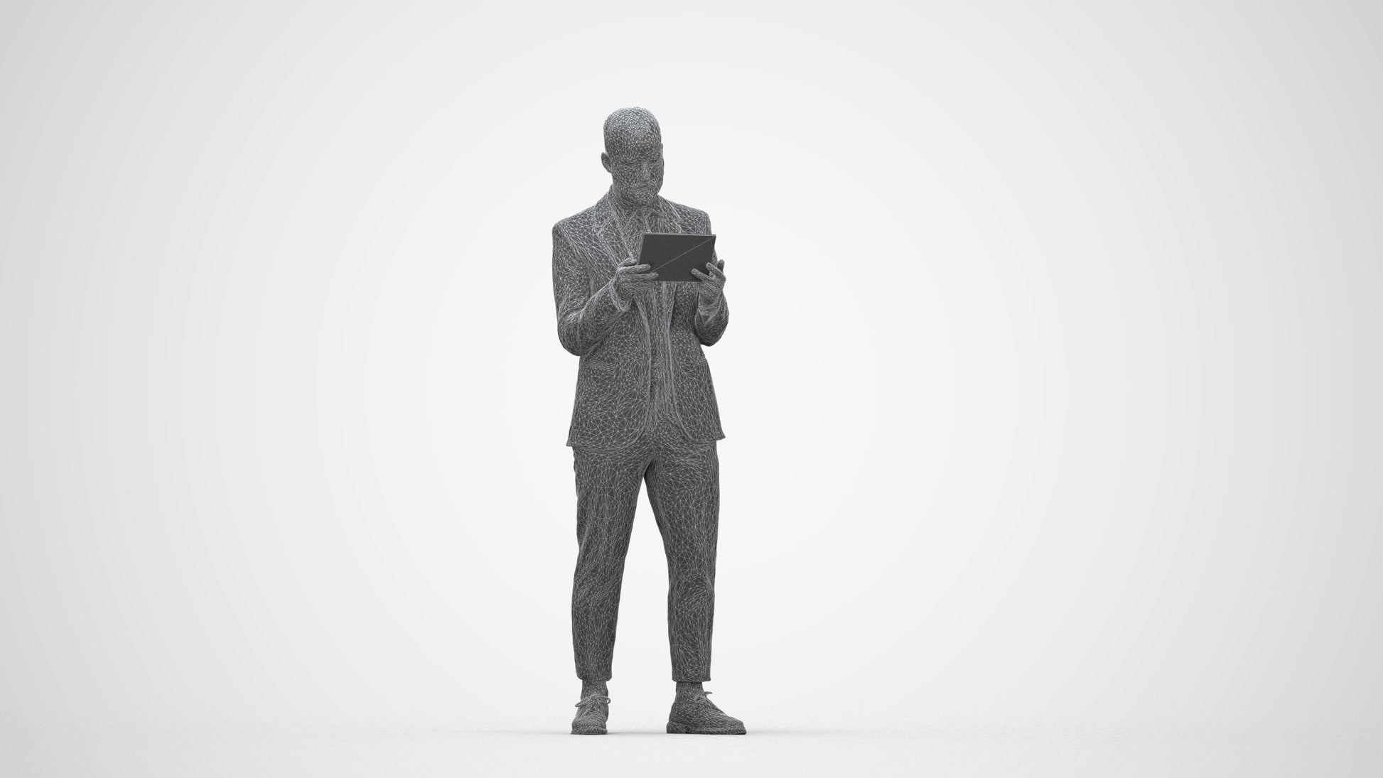 realistic 3D man business standing, scanned archviz people for Blender and 3ds Max, wireframe back view