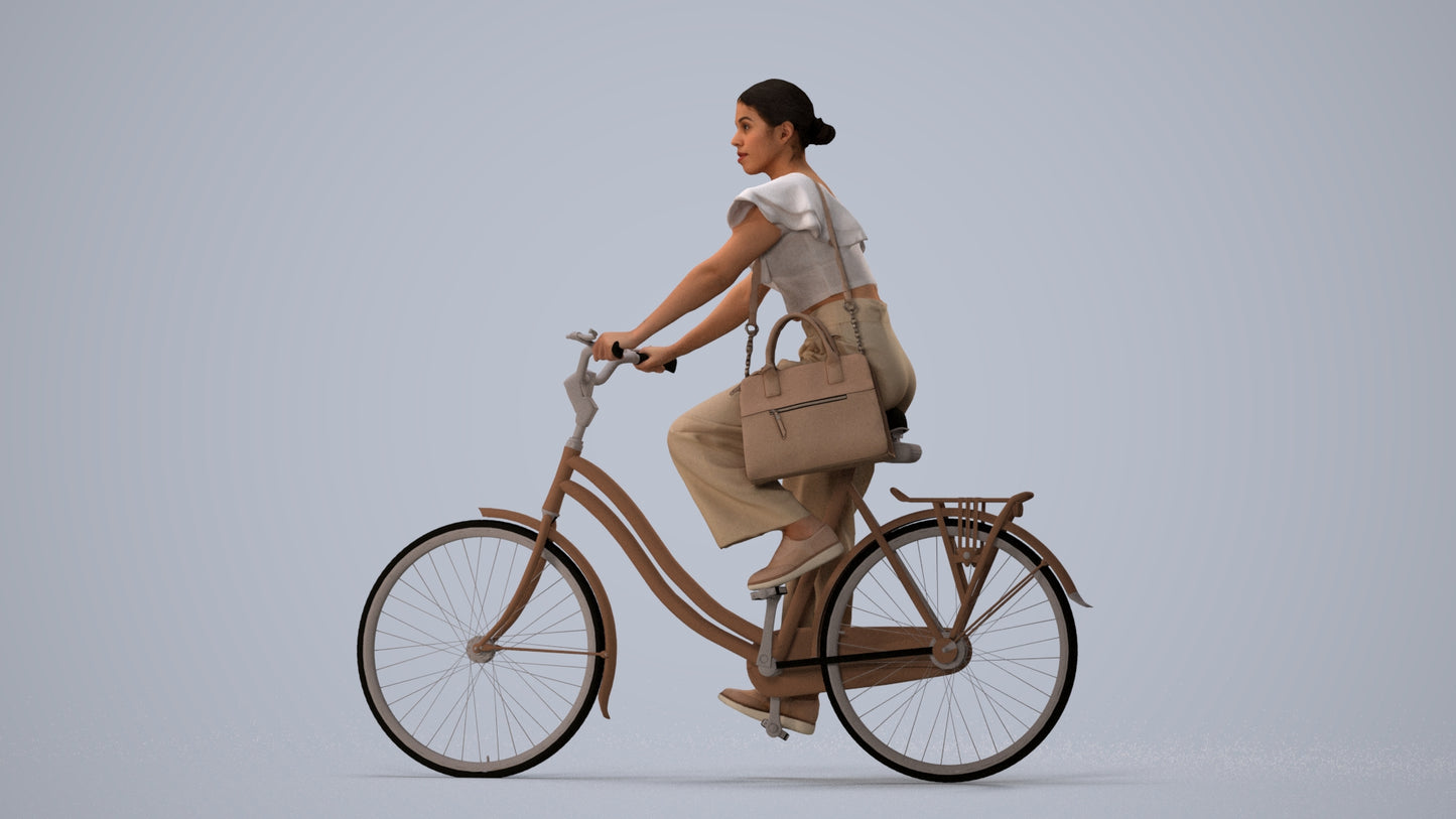 3D scanned woman cycling business, photorealistic archviz people for Enscape and SketchUp, three-quarter view render