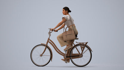 3D scanned woman cycling business, photorealistic archviz people for Enscape and SketchUp, three-quarter view render