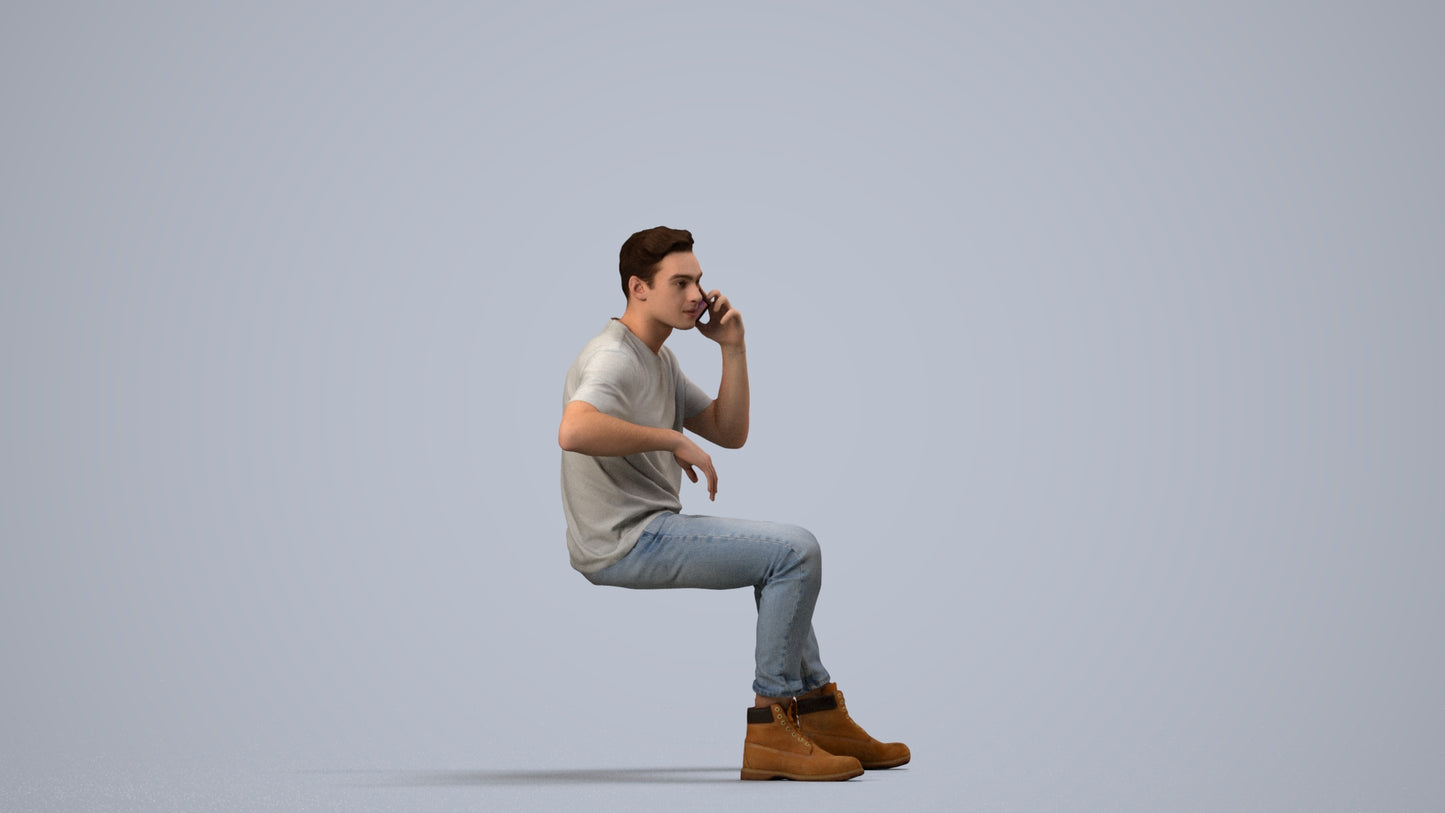 3D people model man casual sitting, scanned human for 3ds Max rendering, side view render
