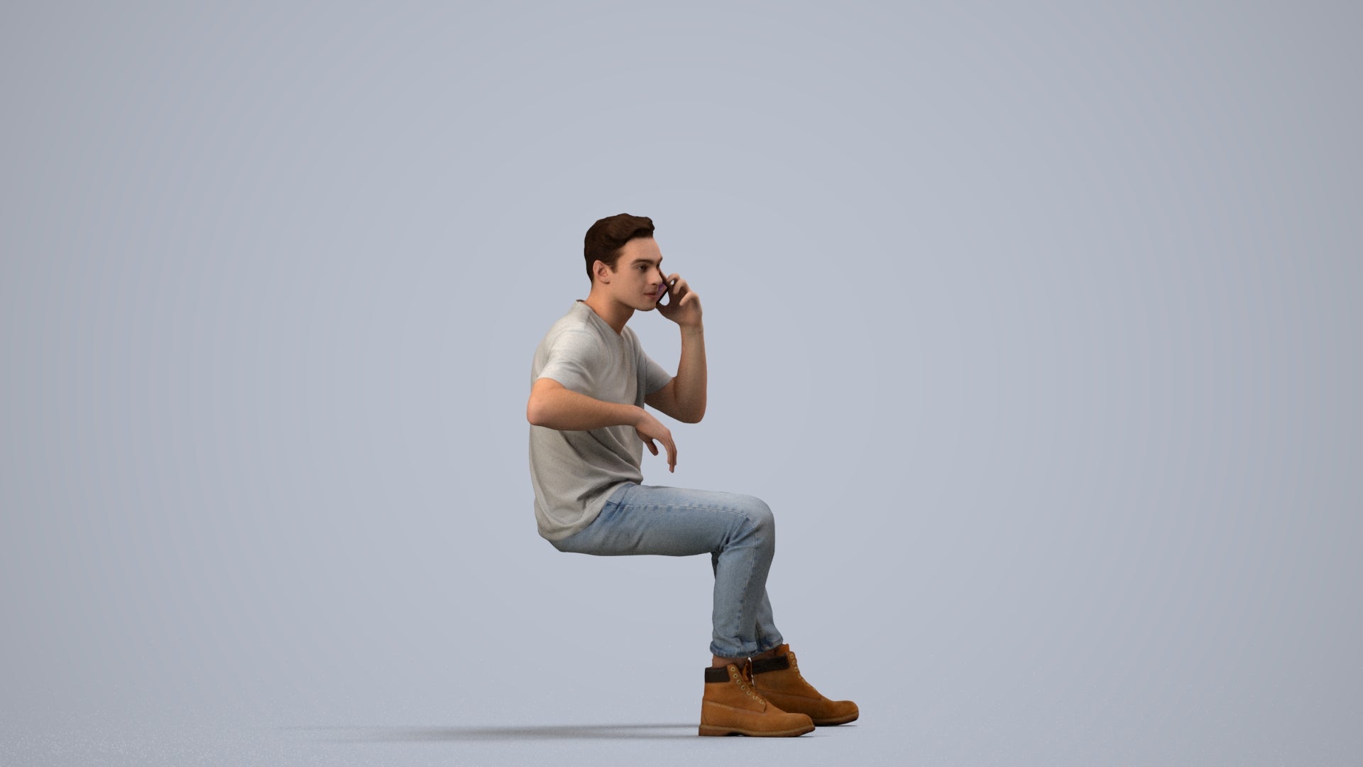 3D people model man casual sitting, scanned human for 3ds Max rendering, side view render