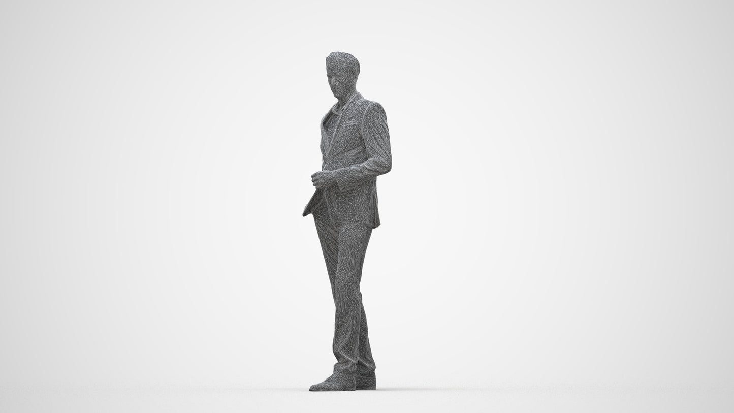 3D scanned man standing business, photorealistic archviz people for Enscape and SketchUp, wireframe back view