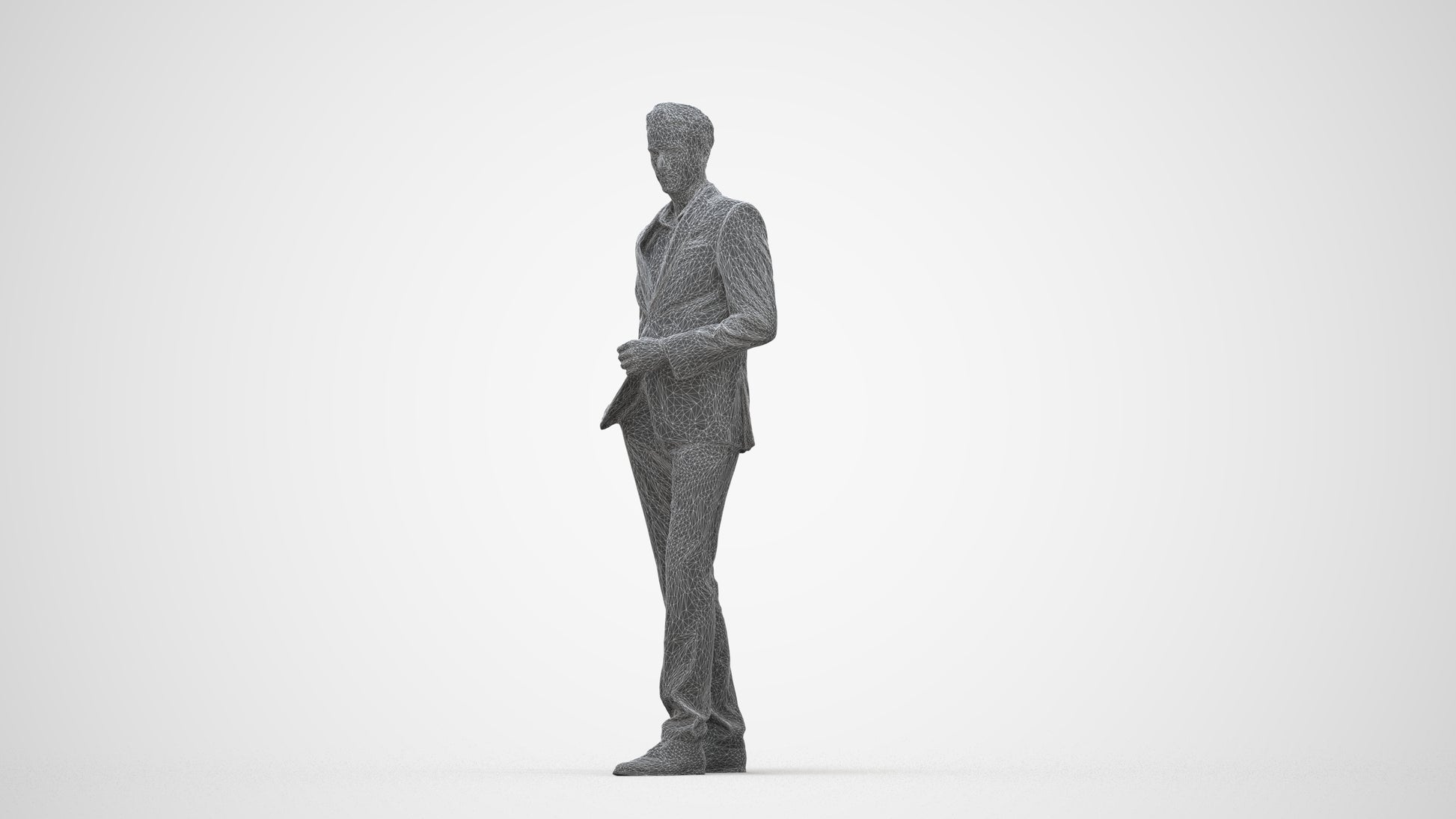 3D scanned man standing business, photorealistic archviz people for Enscape and SketchUp, wireframe back view