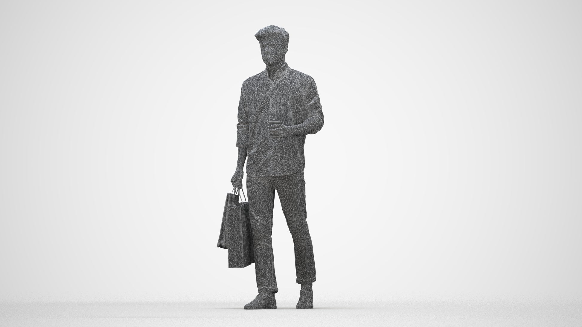 photogrammetry 3D man casual standing, realistic human model archviz FBX, wireframe back view