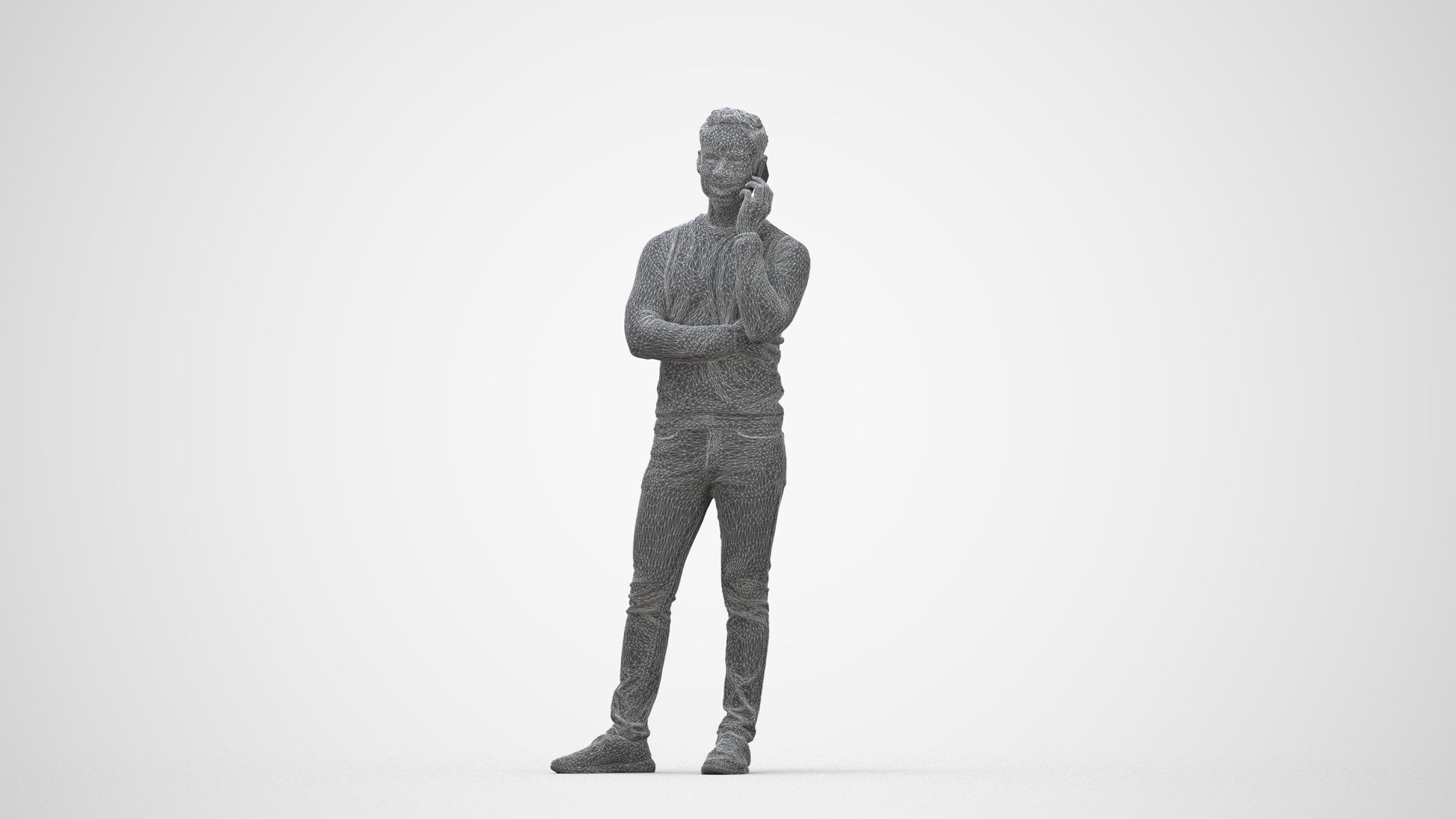 3D human model man casual standing, photogrammetry scanned person for archviz, wireframe back view