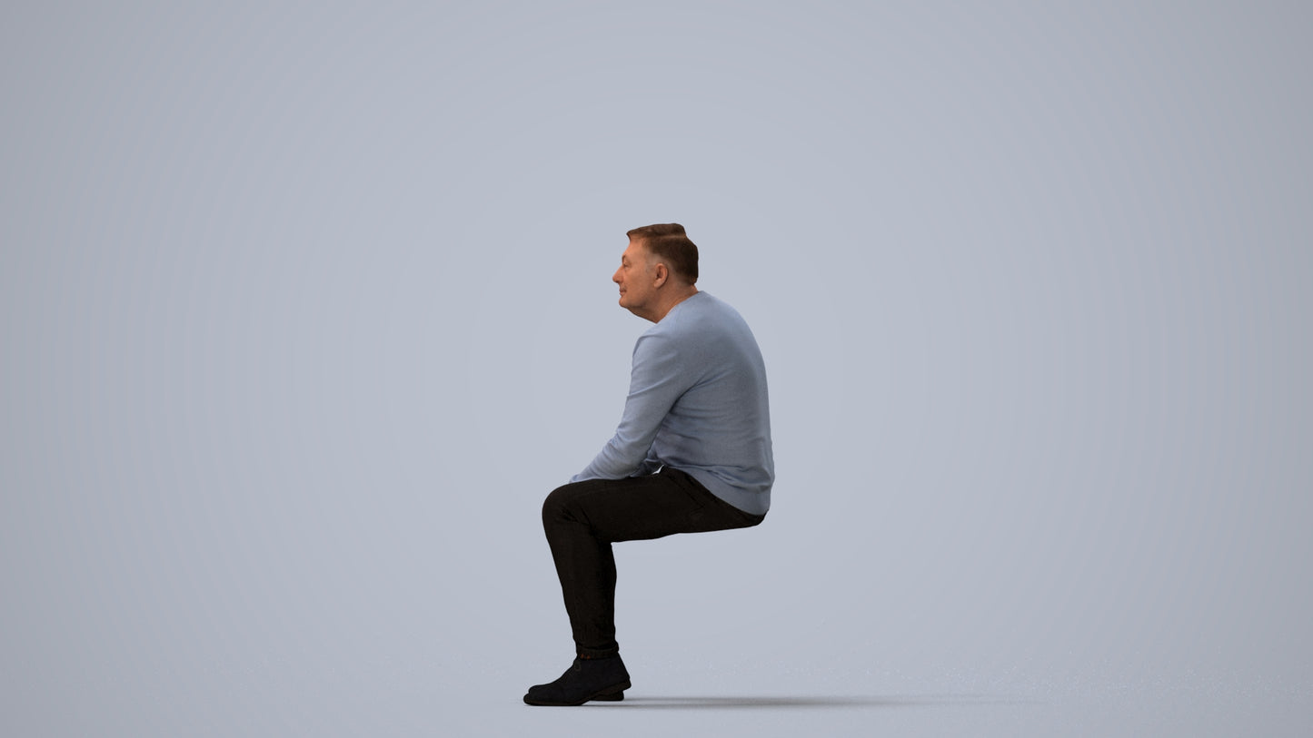 realistic 3D man casual sitting, scanned archviz people for Blender and 3ds Max, three-quarter view render