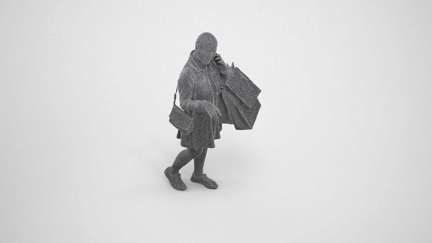 scanned 3D woman casual shopping, photogrammetry people for Enscape and V-Ray, wireframe three-quarter view