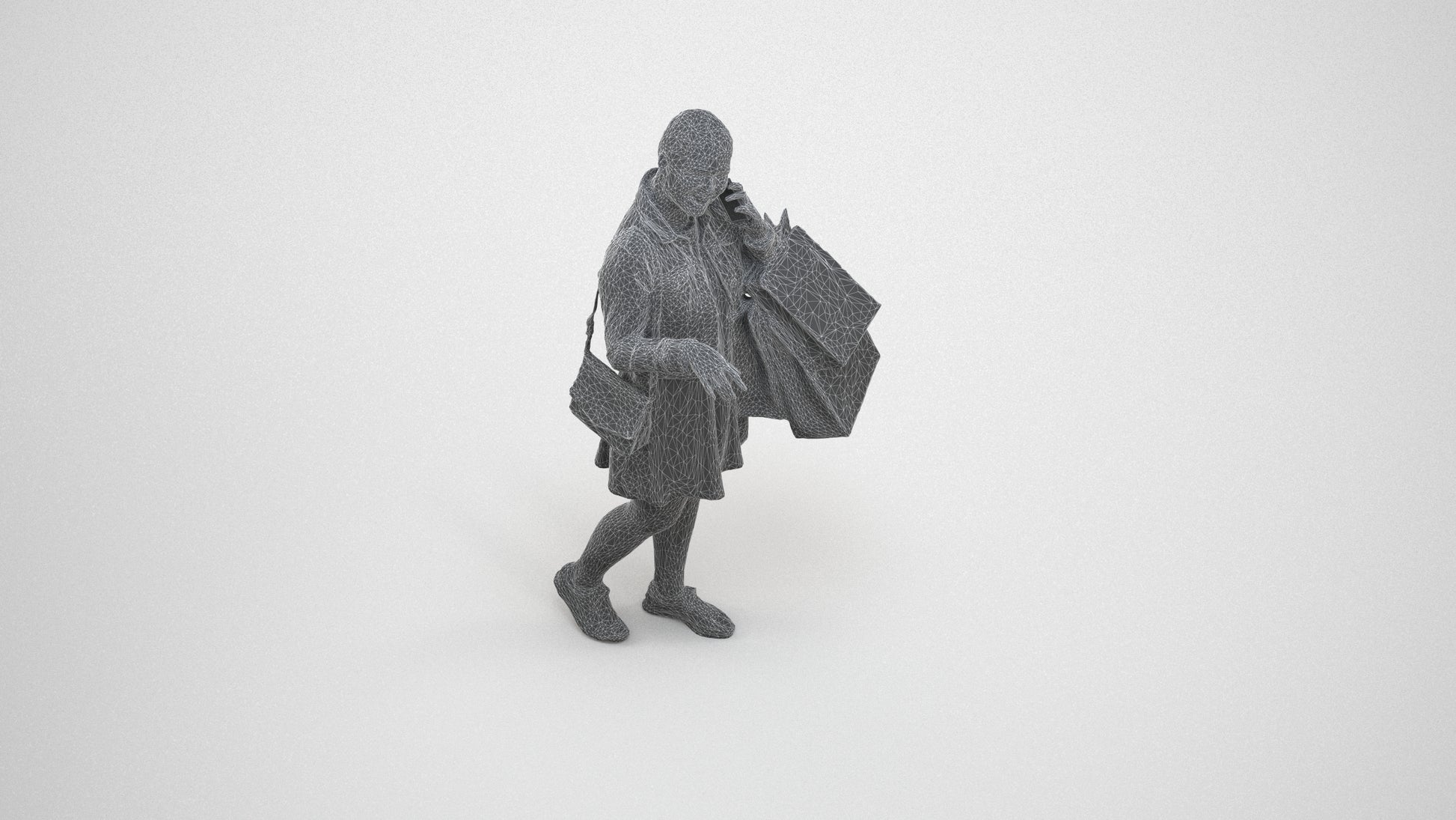scanned 3D woman casual shopping, photogrammetry people for Enscape and V-Ray, wireframe three-quarter view