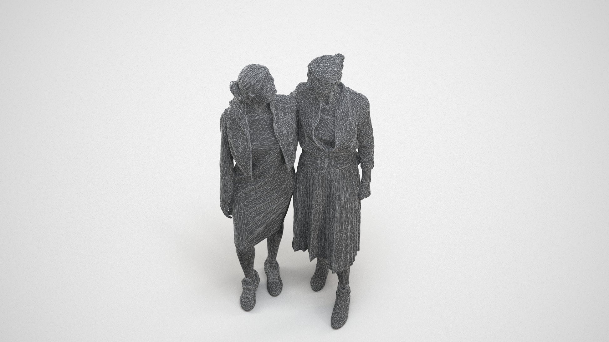 3D human model senior woman casual kids, photogrammetry scanned person for archviz, wireframe three-quarter view