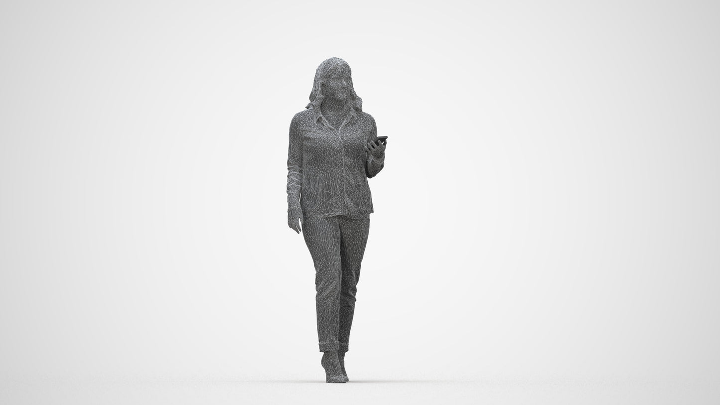 3D scanned woman walking casual, photorealistic archviz people for Enscape and SketchUp, wireframe back view