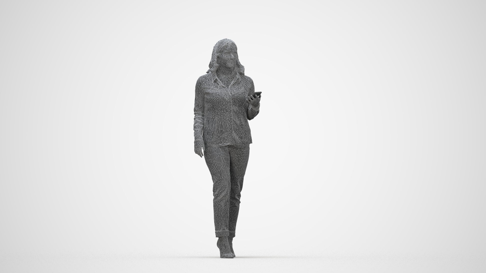 3D scanned woman walking casual, photorealistic archviz people for Enscape and SketchUp, wireframe back view