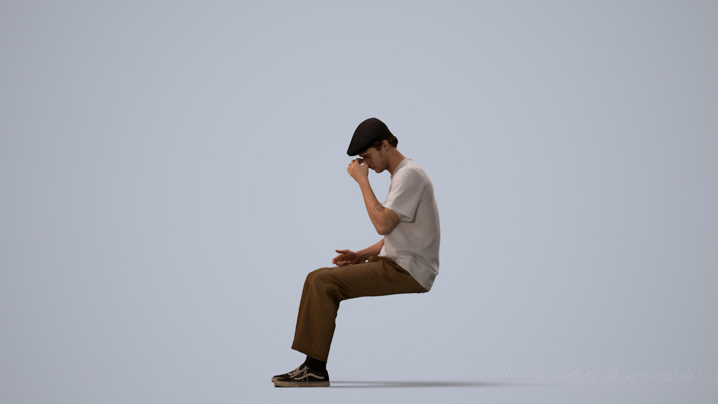 3D people model man casual sitting, scanned human for 3ds Max rendering, three-quarter view render