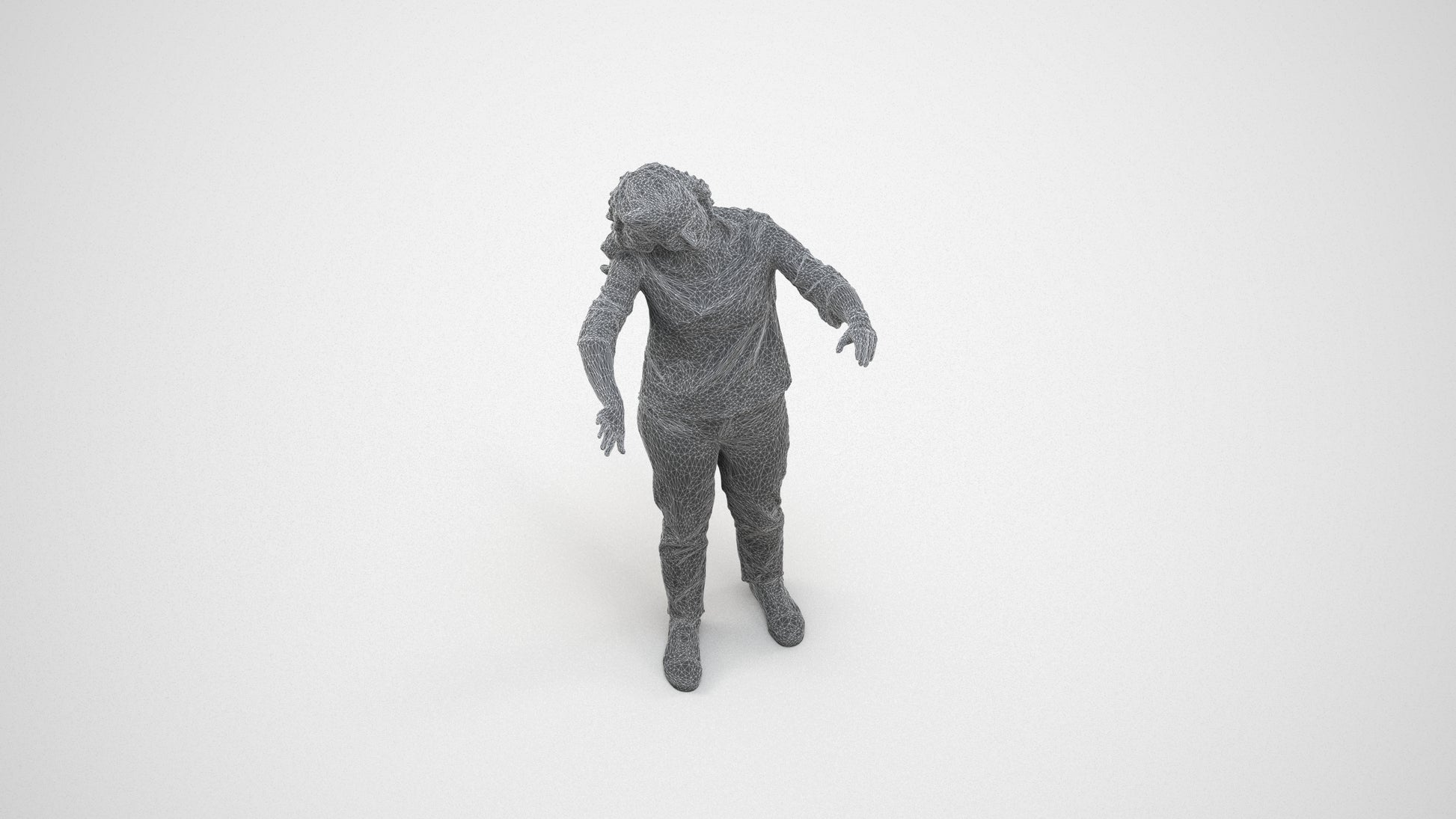 realistic 3D woman casual standing, scanned archviz people for Blender and 3ds Max, wireframe three-quarter view