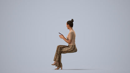 photogrammetry 3D woman casual sitting, realistic human model archviz FBX, three-quarter view render