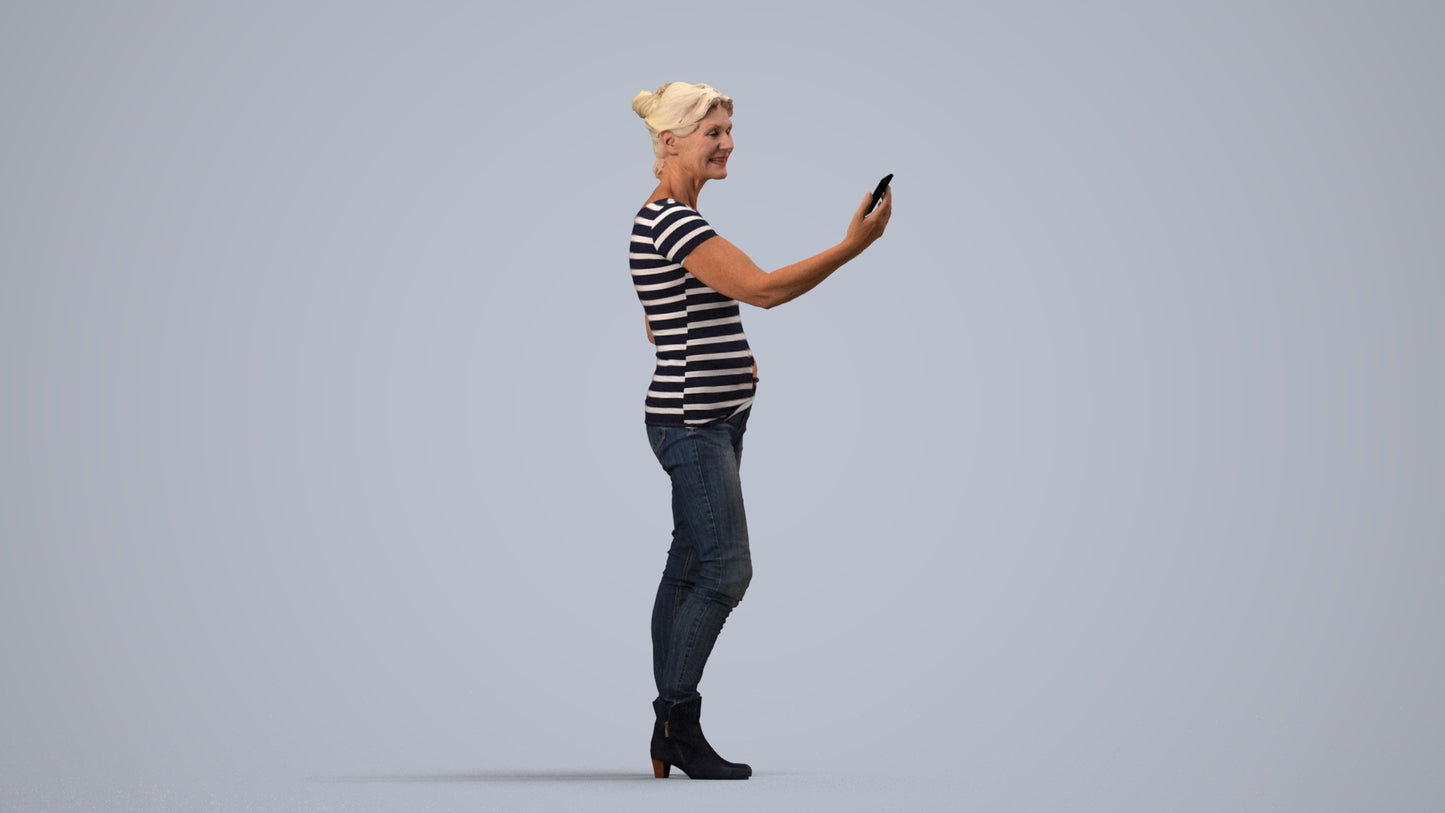 realistic 3D people senior woman casual standing, render-ready for V-Ray and Corona, FBX OBJ, side view render