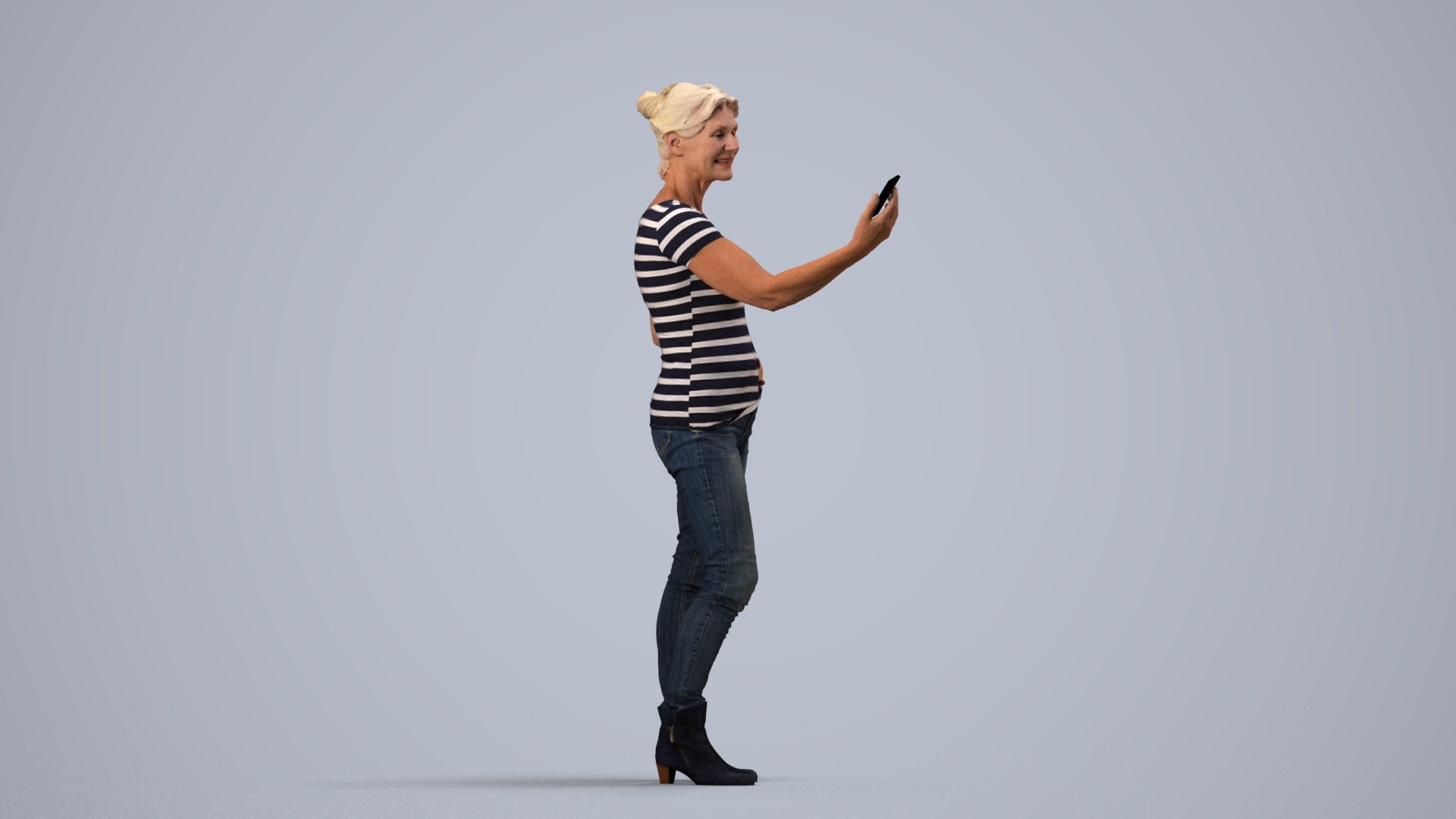 realistic 3D people senior woman casual standing, render-ready for V-Ray and Corona, FBX OBJ, side view render
