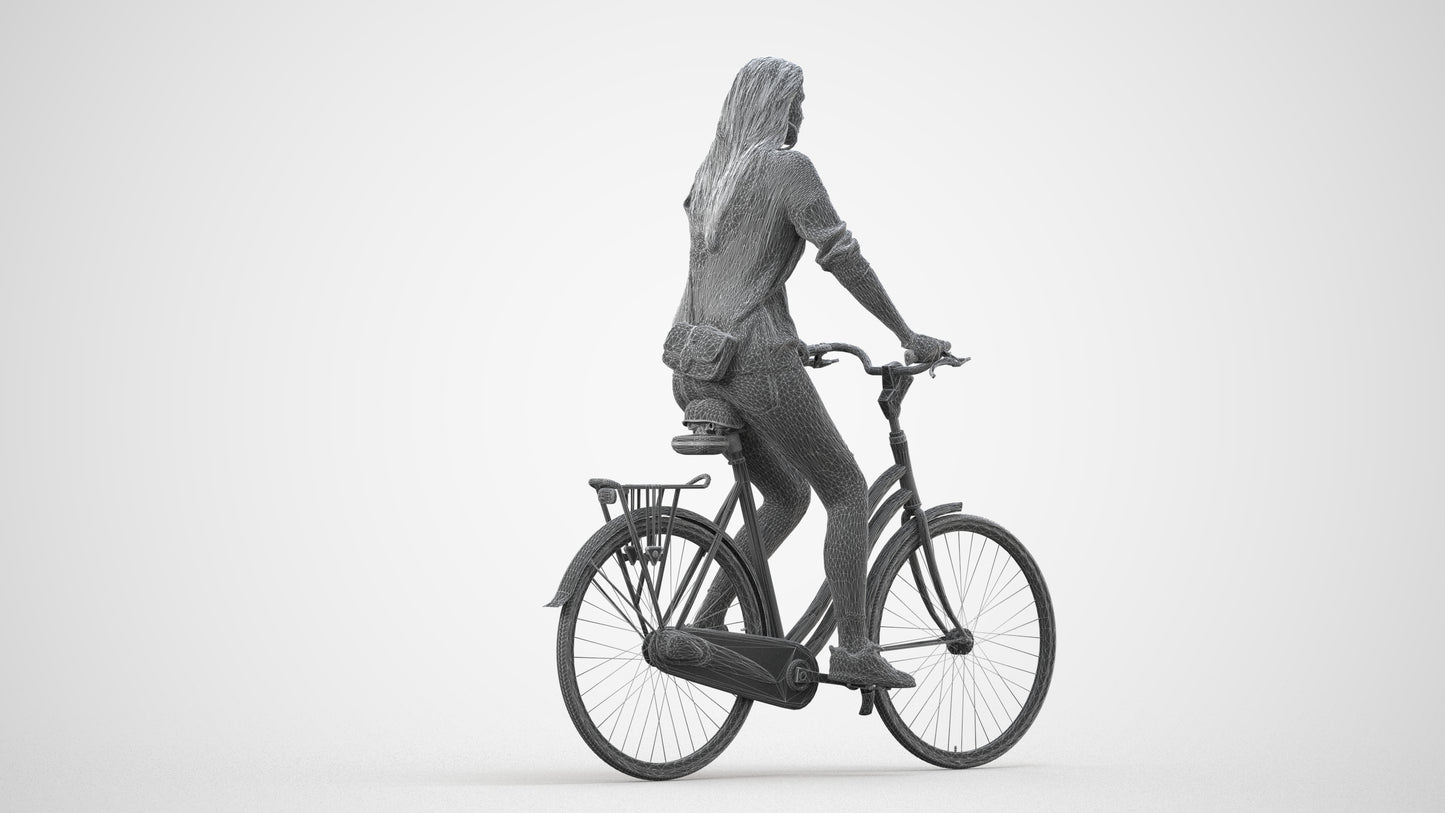 realistic 3D woman casual cycling, scanned archviz people for Blender and 3ds Max, wireframe side view