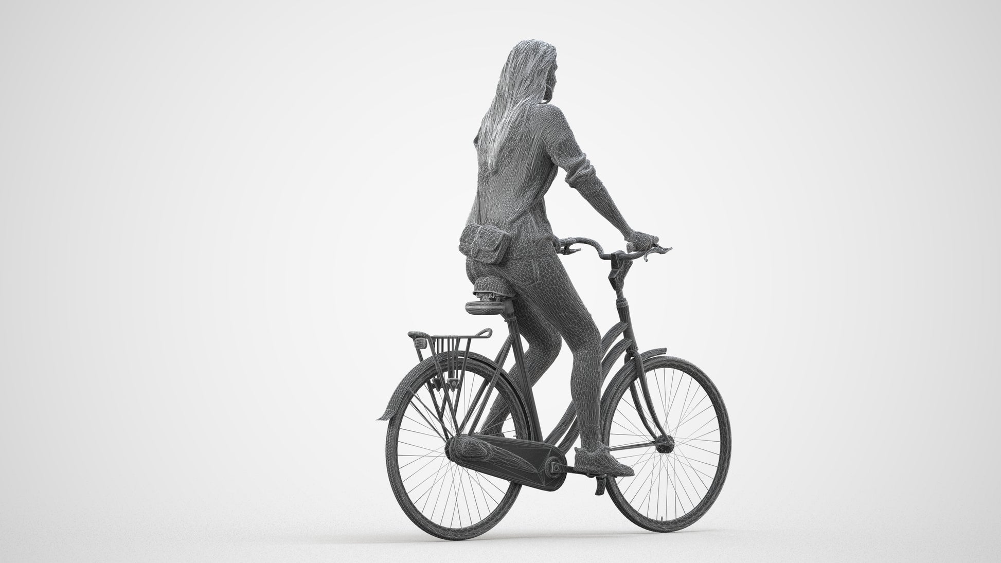 realistic 3D woman casual cycling, scanned archviz people for Blender and 3ds Max, wireframe side view
