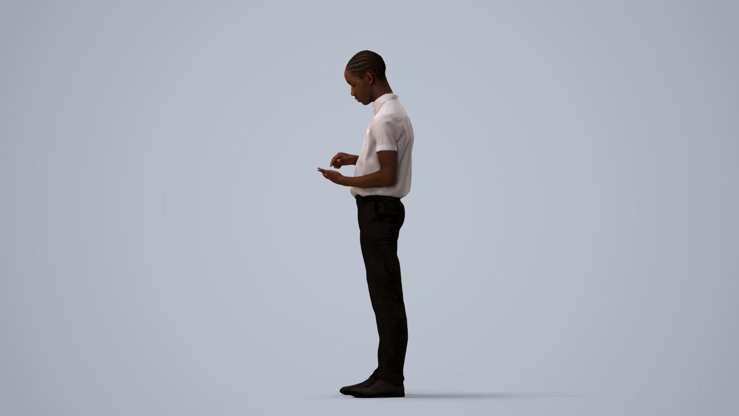 3D human model boy hospitality, photogrammetry scanned person for archviz, three-quarter view render