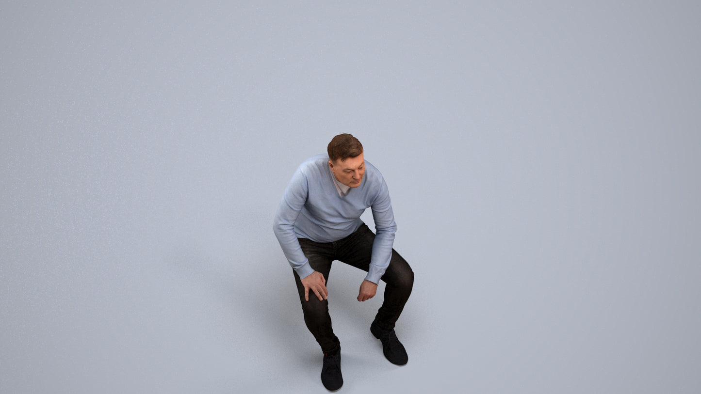 realistic 3D man casual sitting, scanned archviz people for Blender and 3ds Max, back view render