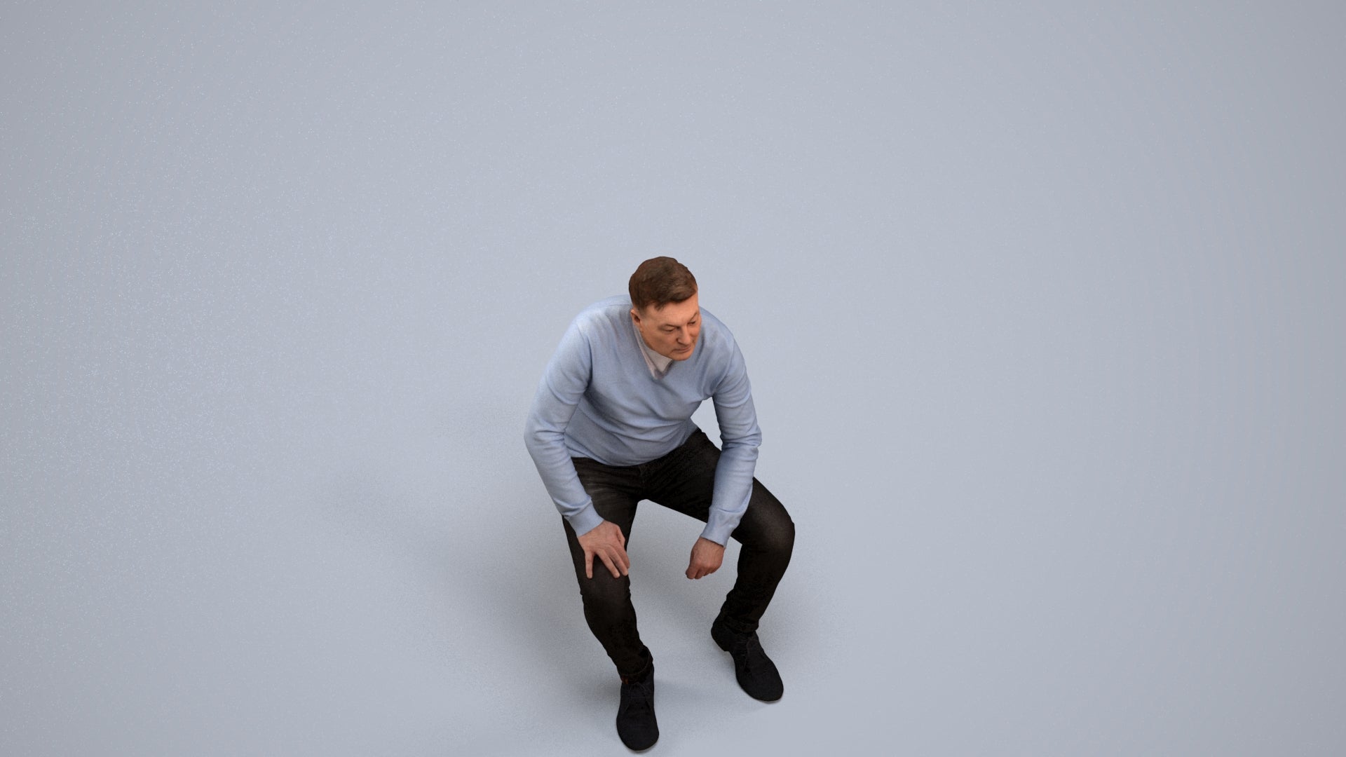 realistic 3D man casual sitting, scanned archviz people for Blender and 3ds Max, back view render