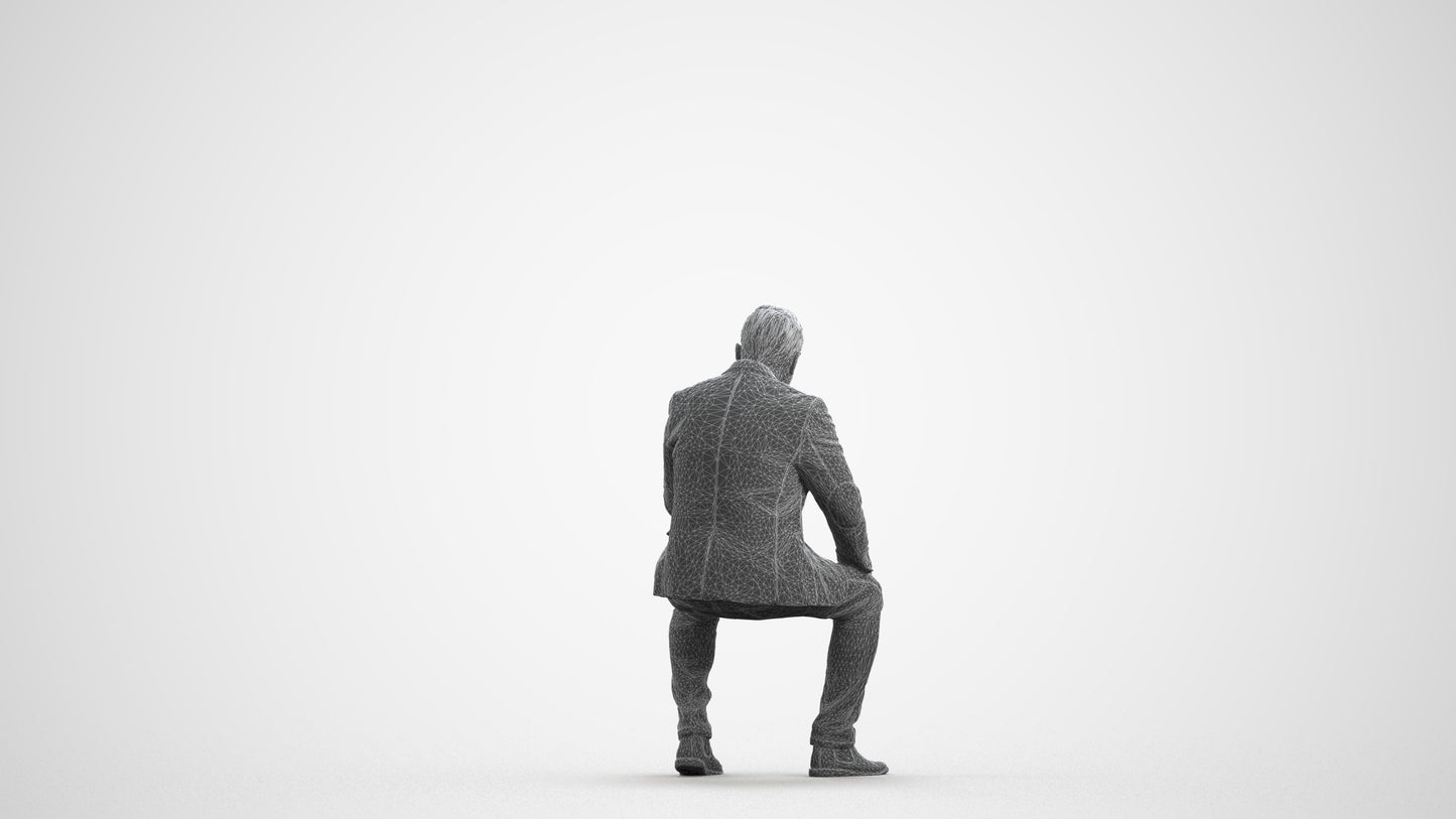 3D scanned man sitting business, photorealistic archviz people for Enscape and SketchUp, wireframe front view