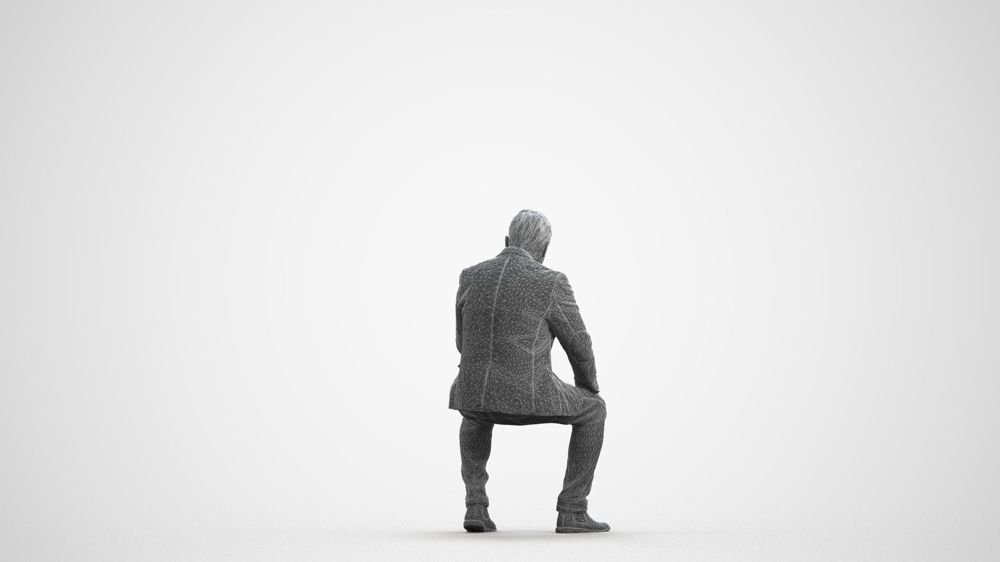 3D scanned man sitting business, photorealistic archviz people for Enscape and SketchUp, wireframe front view