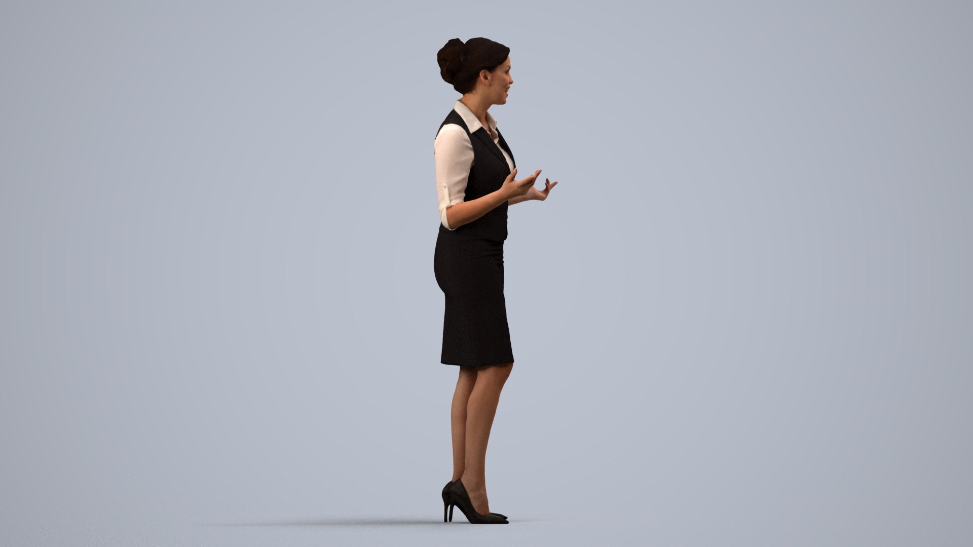 realistic 3D woman hospitality, scanned archviz people for Blender and 3ds Max, side view render