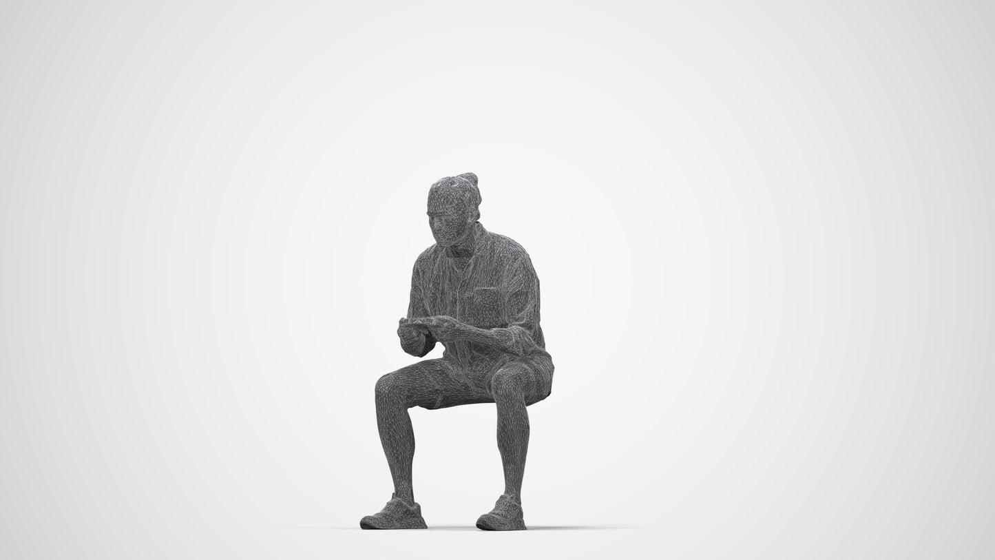 photogrammetry 3D man casual sitting, realistic human model archviz FBX, wireframe back view