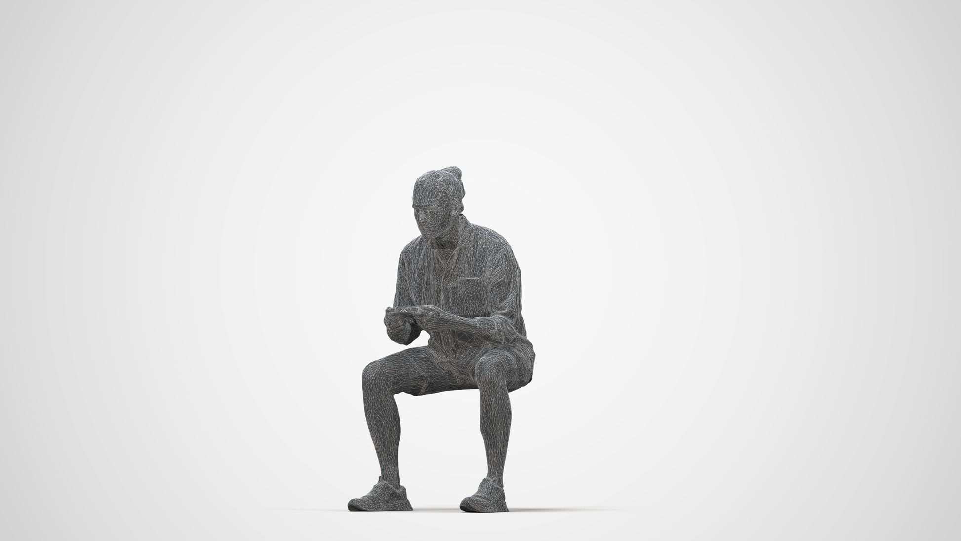 photogrammetry 3D man casual sitting, realistic human model archviz FBX, wireframe back view