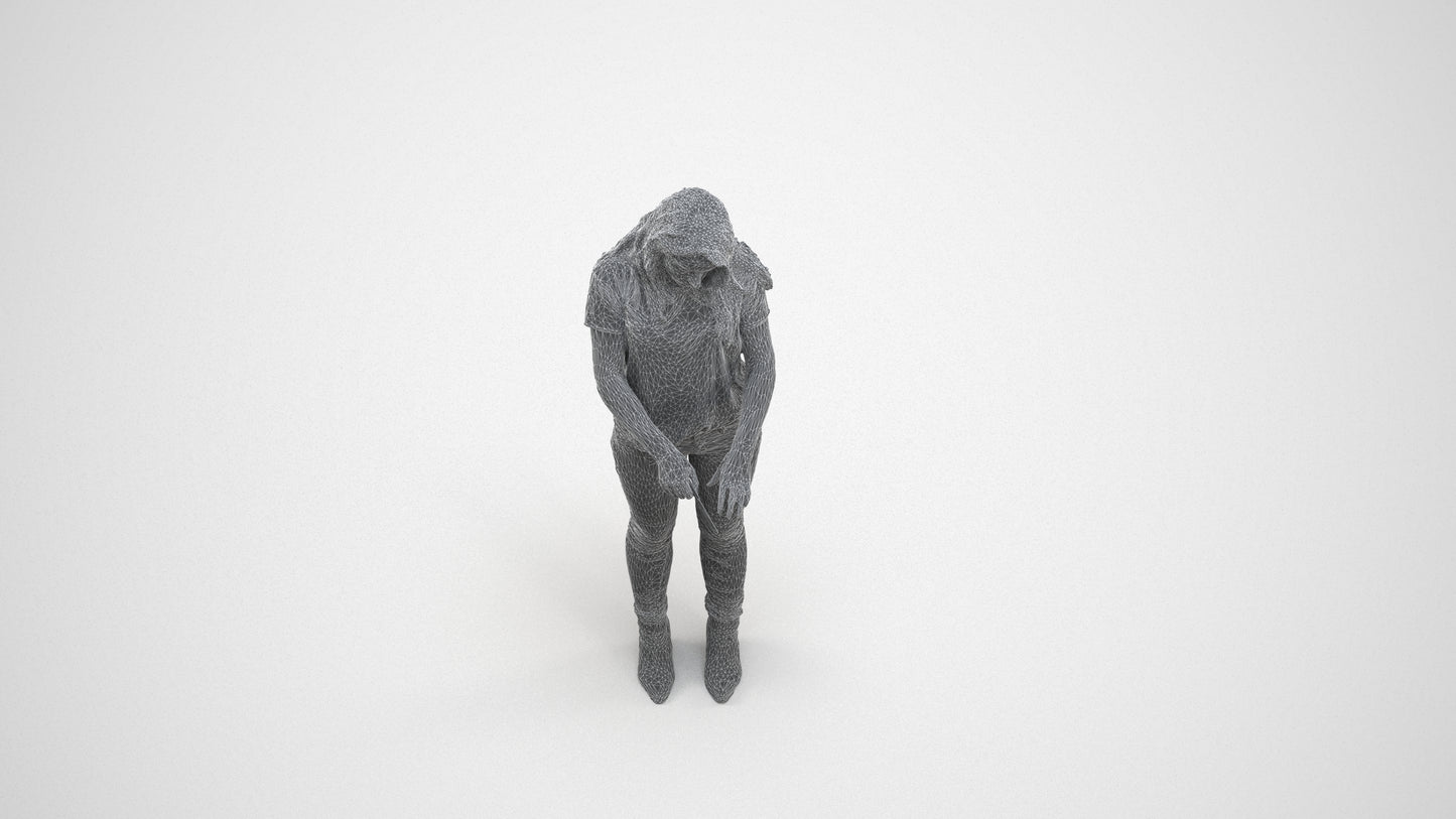 3D human model woman casual standing, photogrammetry scanned person for archviz, wireframe three-quarter view