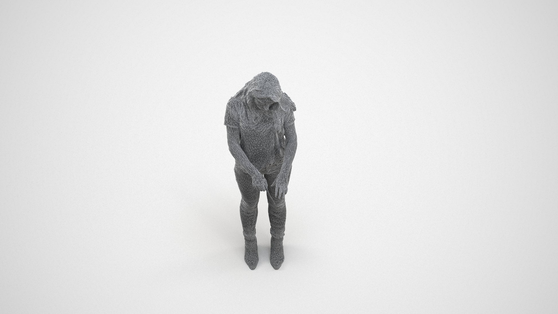 3D human model woman casual standing, photogrammetry scanned person for archviz, wireframe three-quarter view