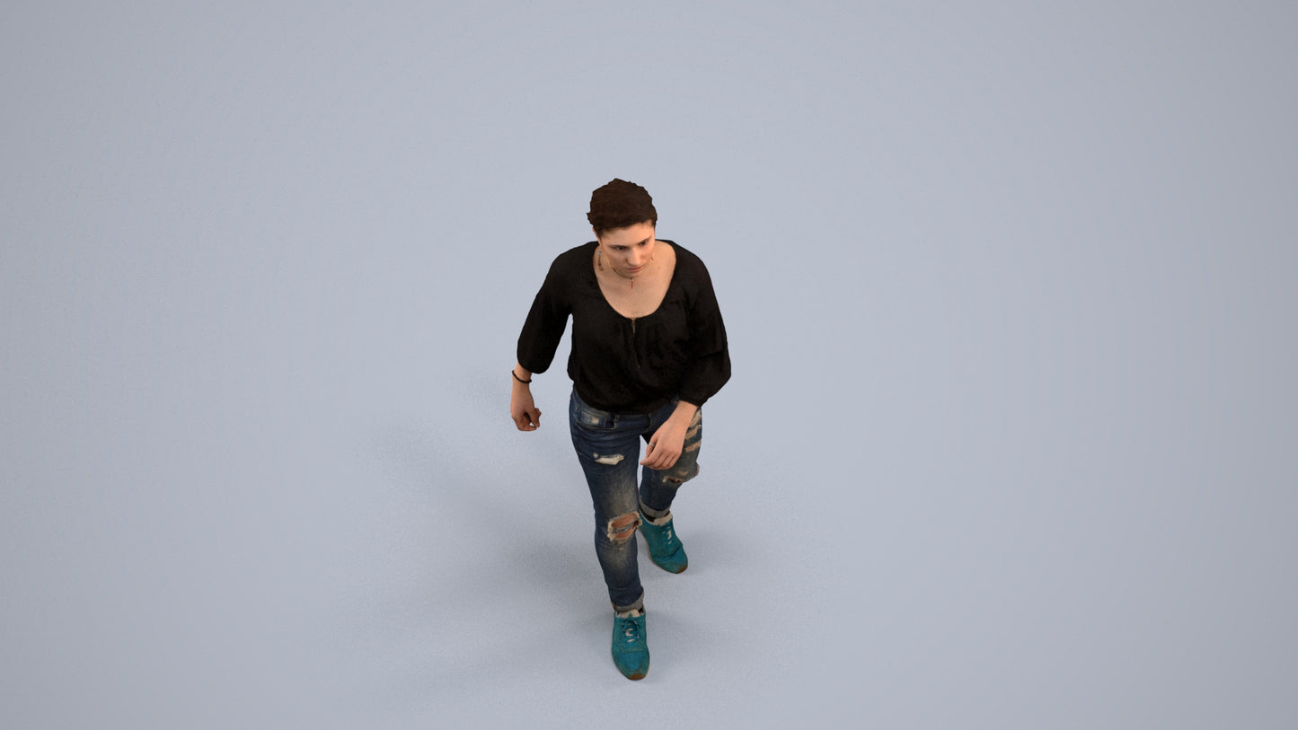realistic 3D human woman casual walking, archviz people FBX OBJ for Blender, back view render